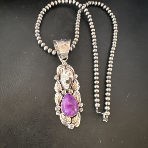 Navajo Pearls Pendant | White Buffalo Turquoise & Sugilite | Sterling Silver | Native American Handmade | 16869