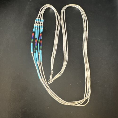 Multi-Color Liquid Silver Heishi Necklace | 5-Strand Sterling Tubes | 25" | 15137