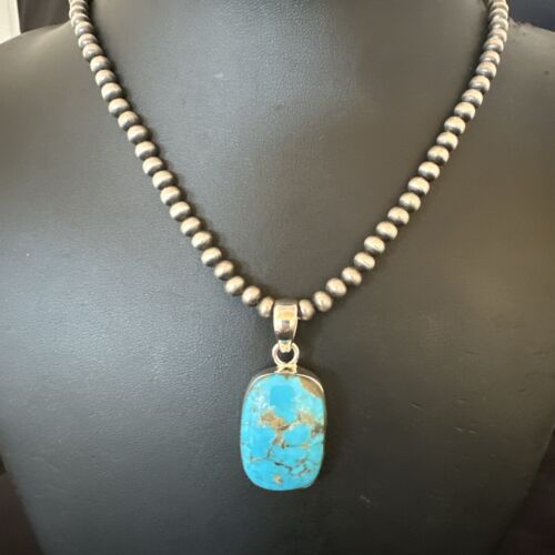 Navajo Blue Kingman Turquoise Pendant Necklace | Sterling Silver | 20" | Authentic Native American Handmade | 16997