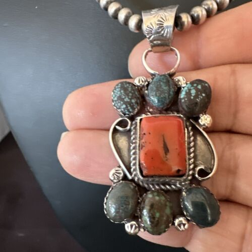 Navajo Turquoise Coral Cluster Pendant Necklace | Sterling Silver | Authentic Native American Handmade | 17186