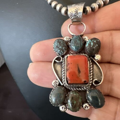 Navajo Turquoise Coral Cluster Pendant Necklace | Sterling Silver | Authentic Native American Handmade | 17186