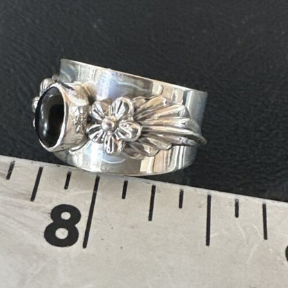 Navajo Black Onyx Leaf Flower Ring | Sterling Silver | Sz 7.5 | Authentic Native American Handmade | 17371