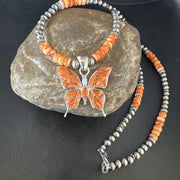 Navajo Butterfly Orange Spiny Oyster Inlay Sterling Silver Pendant Necklace | 15428