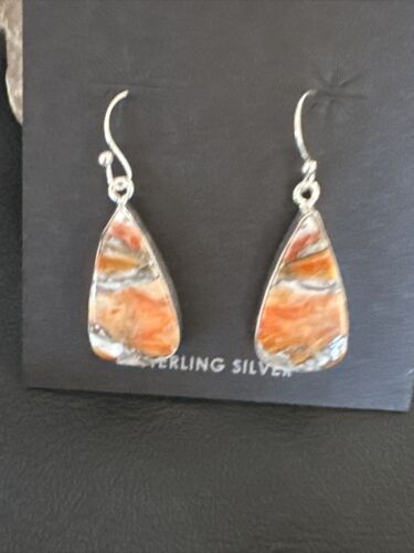 Navajo Blue Turquoise & Orange Spiny Oyster Inlay Dangle Earrings | Sterling Silver | Native American Handmade | 15581