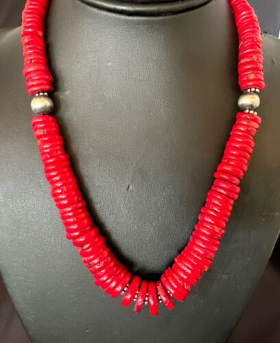 Authentic Native American Red Coral Graduated Navajo Pearls Necklace | Sterling Silver | 18" | 17537