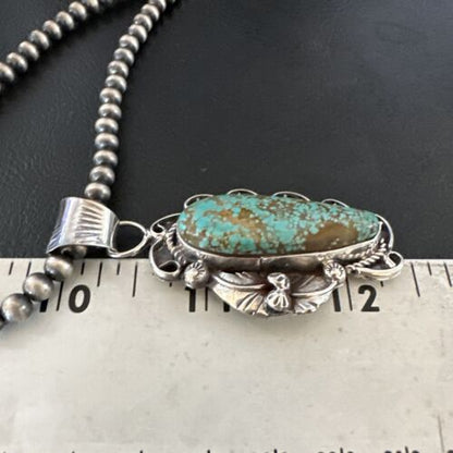 Navajo Blue Turquoise #8 Pendant | Sterling Silver Pearls Necklace | Authentic Native American Handmade | 15899