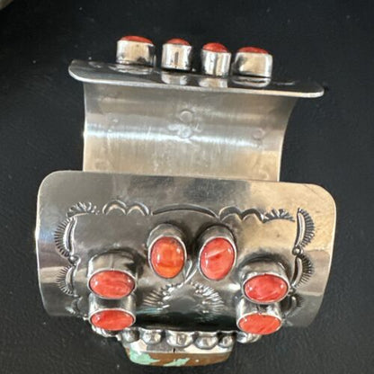 Navajo Green Royston Turquoise Spiny Oyster Cuff Bracelet | Sterling Silver | Authentic Native American Handmade | 15364