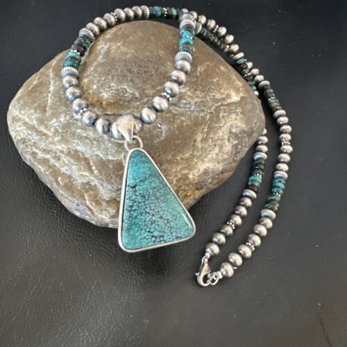 Men's Navajo Blue Spiderweb Turquoise Pendant Necklace | Sterling Silver | Authentic Native American Handmade | 16242