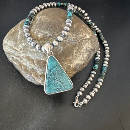 Men's Navajo Blue Spiderweb Turquoise Pendant Necklace | Sterling Silver | Authentic Native American Handmade | 16242
