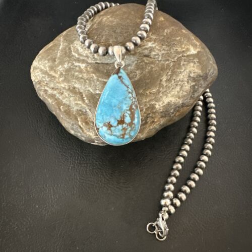 Navajo Blue Spiderweb Turquoise Pendant Necklace | Sterling Silver | Authentic Native American Handmade | 17029