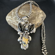 Men's Navajo Pearls Onyx Bumblebee Jasper Pendant | Sterling Silver | Multi-Stone Necklace | 15415