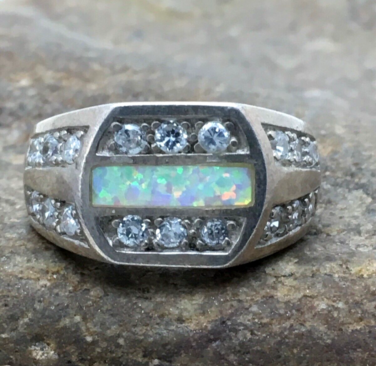 Navajo Cubic Zirconia Opal Inlay Ring | Sterling Silver | Sz 6.5 | Authentic Native American Handmade | 17156