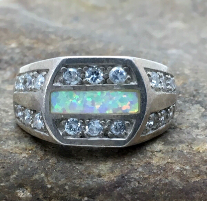 Navajo Cubic Zirconia Opal Inlay Ring | Sterling Silver | Sz 6.5 | Authentic Native American Handmade | 17156
