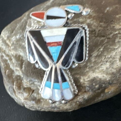 Zuni Turquoise Onyx Peyote Bird Inlay Ring | Sterling Silver | Sz 8 | 15391