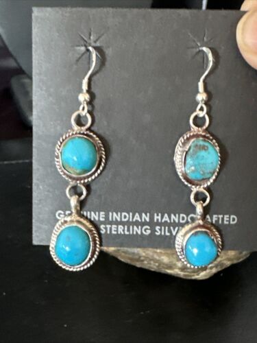 Kingman Turquoise Dangle Earrings | Navajo Sterling Silver | Authentic Native American Handmade | 14865
