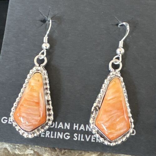 Navajo Orange Spiny Oyster Dangle Earrings | Sterling Silver | Authentic Native American Handmade | 17264