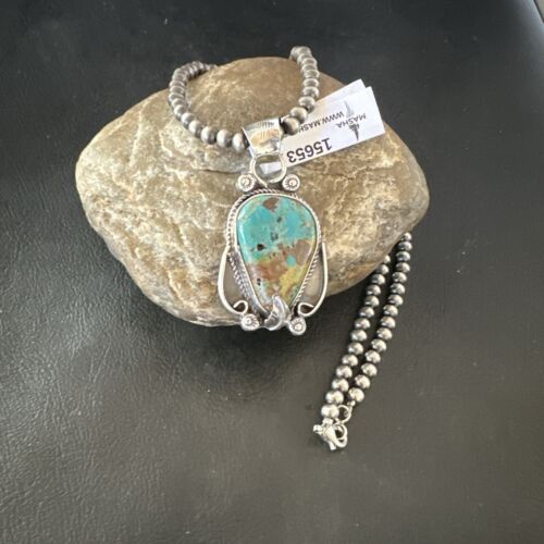 Navajo Blue Turquoise Pendant Necklace | Sterling Silver Pearls | Authentic Native American Handmade | 15653 - Masha USA