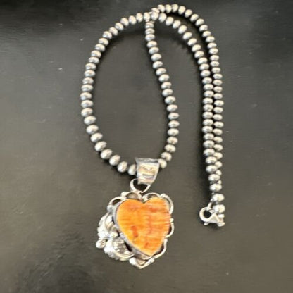 Navajo Orange Spiny Oyster Heart Pendant Necklace | Sterling Silver | Authentic Native American Handmade | 16447