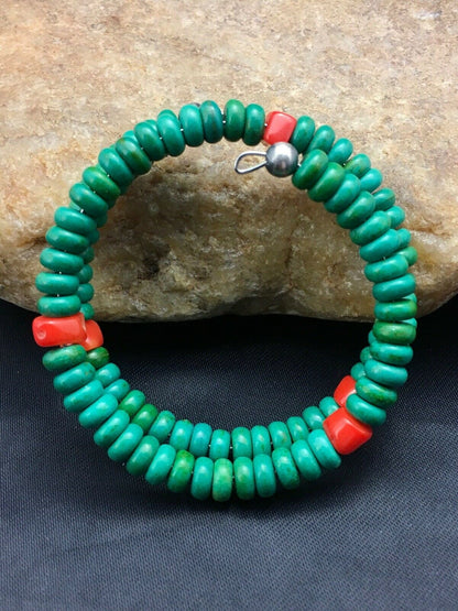 Native American Sterling Silver Bracelet | Coral & Green Turquoise | Handmade Southwestern Jewelry | 1075
