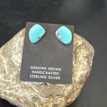 Navajo Blue Kingman Turquoise Post Stud Earrings | Sterling Silver | Authentic Native American Handmade | 17468