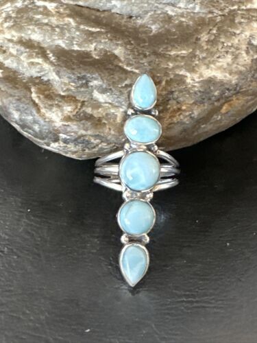 Navajo Blue Larimar Cluster Ring | Authentic Native American Sterling Silver | Multi-Stone | Sz 8.5 | 16159