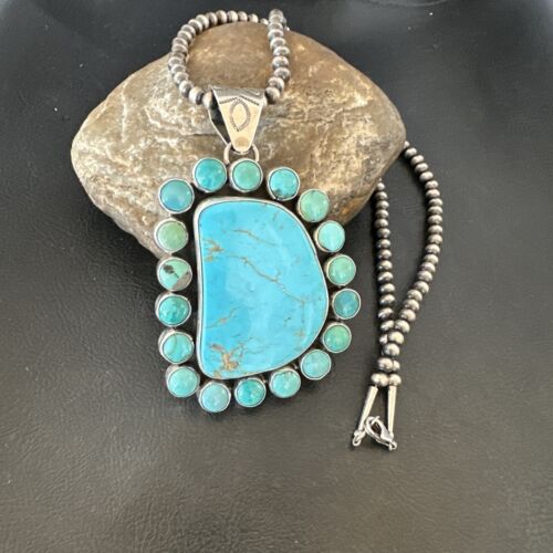 Navajo XL Blue Kingman Turquoise Cluster Pendant Necklace | Sterling Silver | Native American Handmade | 16796