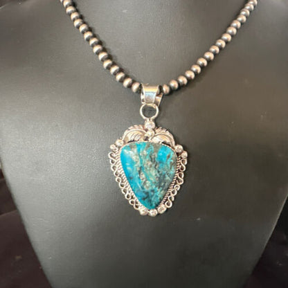 Navajo Kingman Turquoise Pendant Necklace | Sterling Silver Pearls | Authentic Native American Handmade | 15220 - Masha USA