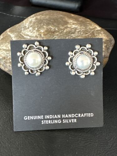 Navajo White Pearl Post Stud Earrings | Sterling Silver | Authentic Native American Handmade | 15329