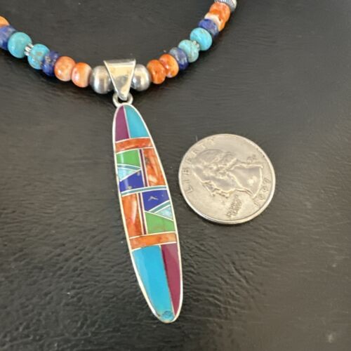 Navajo Spiny Oyster Turquoise Inlay Pendant Necklace | Sterling Silver | 21" | Authentic Native American Handmade | 16925