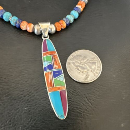 Navajo Spiny Oyster Turquoise Inlay Pendant Necklace | Sterling Silver | 21" | Authentic Native American Handmade | 16925