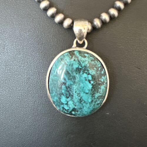 Men's Navajo Blue Spiderweb Turquoise Pendant Necklace | Sterling Silver | Authentic Native American Handmade | 16225
