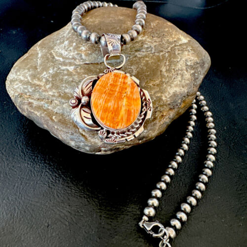 Navajo Orange Spiny Oyster Pendant Necklace | Sterling Silver Pearls | Authentic Native American Handmade | 16559