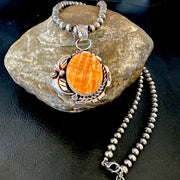 Navajo Orange Spiny Oyster Pendant Necklace | Sterling Silver Pearls | Authentic Native American Handmade | 16559