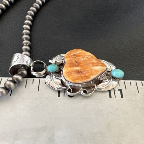 Navajo Spiny Oyster Heart Turquoise Pendant Necklace | Sterling Silver | Authentic Native American Handmade | 16456