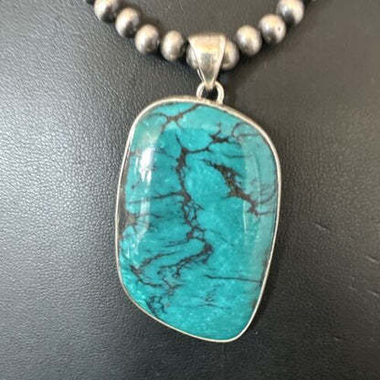Men's Navajo Blue Spiderweb Turquoise Pendant Necklace | Sterling Silver | Authentic Native American Handmade | 16209