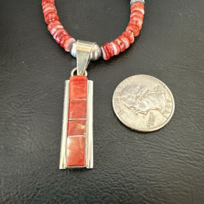Navajo Red Spiny Oyster Pendant Necklace | Sterling Silver Inlay | Authentic Native American Handmade | 16883