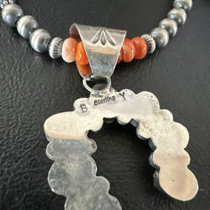 Navajo Pearls Orange Spiny Oyster Naja Pendant | Sterling Silver Necklace | Authentic Native American Handmade | 16804