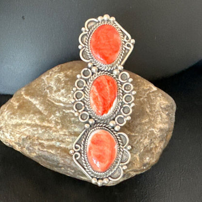 Navajo Red Spiny Oyster Cluster Ring | Authentic Native American Sterling Silver | Multi-Stone | Sz 8 | 16328