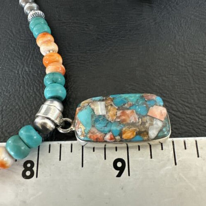 Navajo Spiny Turquoise Pendant Necklace | Sterling Silver | 21" | Authentic Native American Handmade | 17515