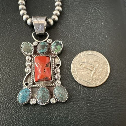 Navajo Turquoise Coral Cluster Pendant Necklace | Sterling Silver | Native American Handmade | 17185