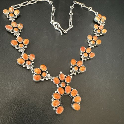 Navajo Orange Spiny Oyster Squash Blossom Necklace | Sterling Silver | Authentic Native American Handmade | 16830