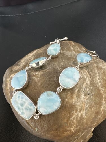 Navajo Blue Larimar Bracelet | Sterling Silver 7 Link | 8" | Authentic Native American Handmade | 16086