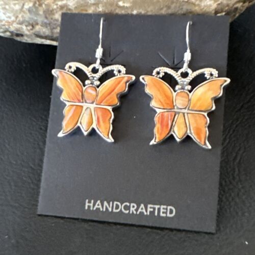 Navajo Butterfly Orange Spiny Oyster Inlay Earrings | Sterling Silver | Authentic Native American Handmade | 16523