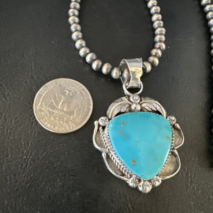 Navajo Kingman Turquoise Pendant Necklace | Sterling Silver Pearls | Authentic Native American Handmade | 15215