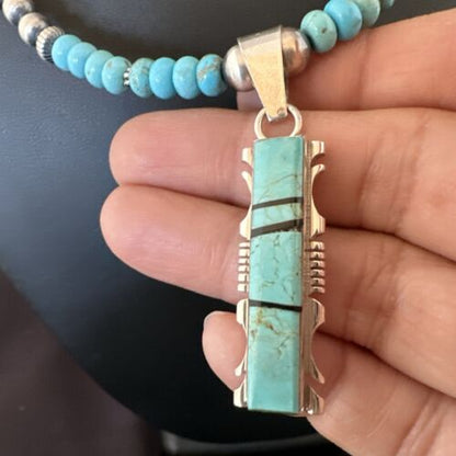 Men's and Women's Turquoise #8 Inlay Pendant Necklace | Navajo Sterling Silver | Authentic Native American Handmade | 17074