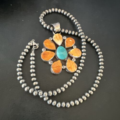 Navajo Blue Turquoise | Spiny Oyster Pendant Necklace | Sterling Silver | Multi-Stone | 16863