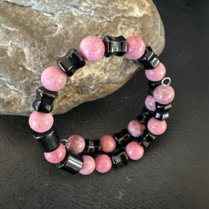 Navajo Pink Rhodochrosite Memory Wire Bracelet | Stainless Steel | Authentic Native American Handmade | 17624