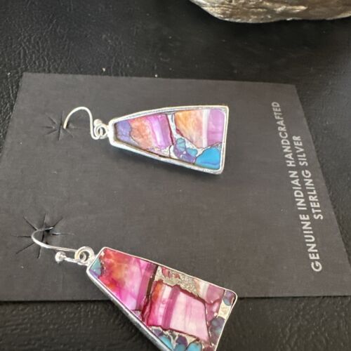 Navajo Blue Turquoise Purple Spiny Oyster Inlay Dangle Earrings | Sterling Silver | 15563
