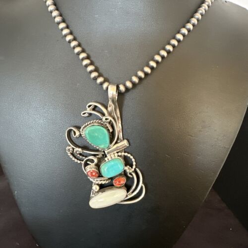 Navajo Kingman Turquoise Spiny Oyster | Mother of Pearl Necklace Pendant | Sterling Silver | 15952