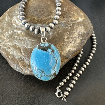 Men's Navajo Blue Spiderweb Turquoise Pendant Necklace | Sterling Silver | Authentic Native American Handmade | 16300